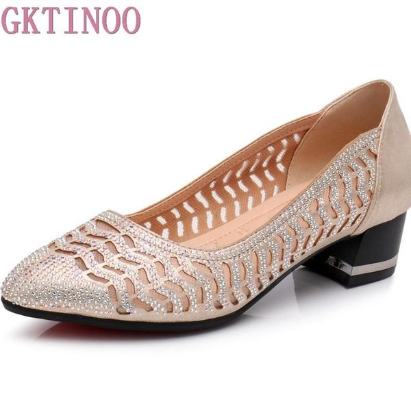 

dress shoes gktinoo rhinestone pointed toe gauze pumps cut outs women genuine leather comfortable high heels big size 33-43, Black