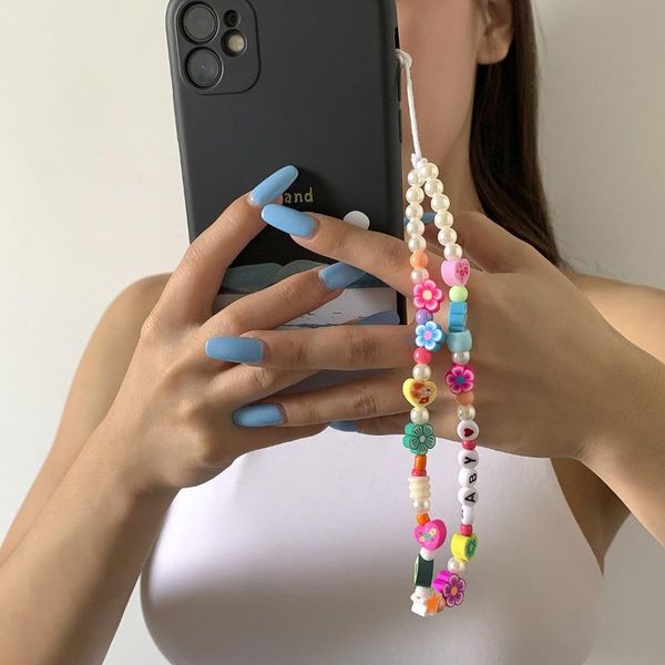 

keychains girafe 2021 colorful bohemian glazed beads polymer clay wrist rope cell phone chain for women beach holiday travel jewelry, Silver
