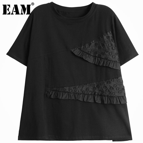 

[eam] women black irregular ruffles spliced big size casual t-shirt round neck short sleeve fashion summer 1dd6780 210512, White