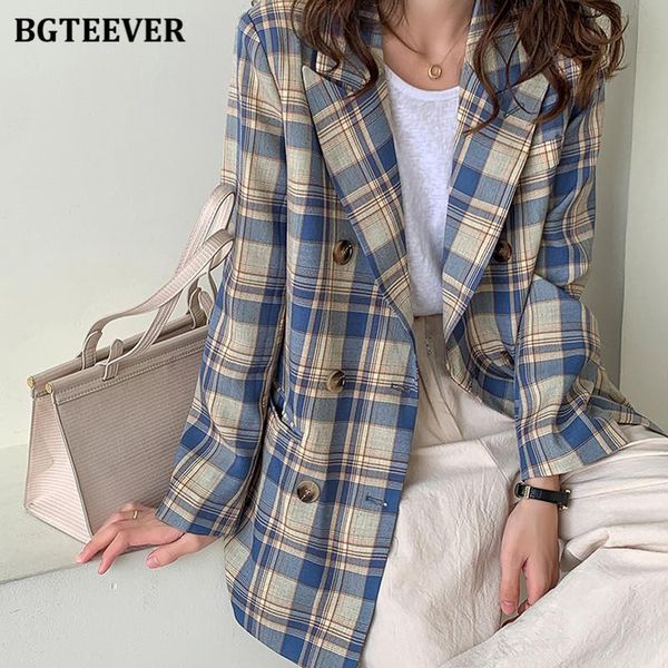 

vintage double breasted plaid blazer for women spring chic notched collar loose female suit jackets women's suits & blazers, White;black