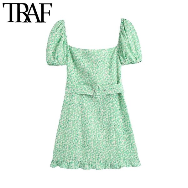 

women chic fashion with belt floral print ruffled mini dress vintage puff sleeve back elastic female dresses mujer 210507, Black;gray