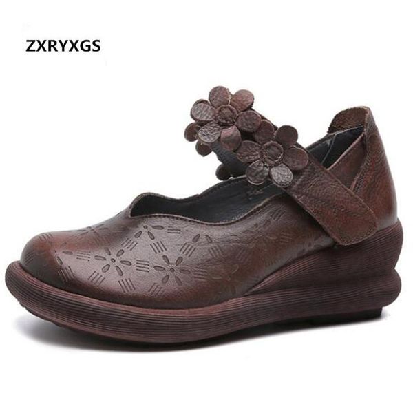 

dress shoes 2021 autumn retro full genuine leather female wedges high heels light comfort mother fashion women heel, Black