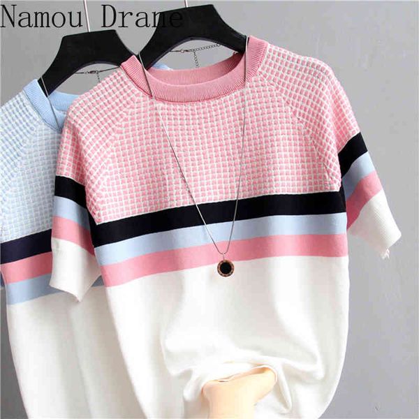 

plaid t shirt women striped tshirt knitted cotton korean t-shirt woman clothes tee shirt femme camisetas mujer 210522, White