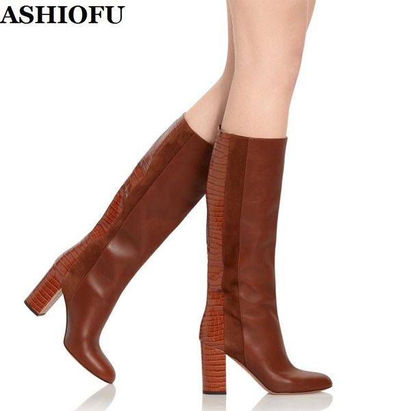 

boots ashiofu arrival handmade women's chunky heel night-club shinny knee-high evening winter fashion shoes, Black