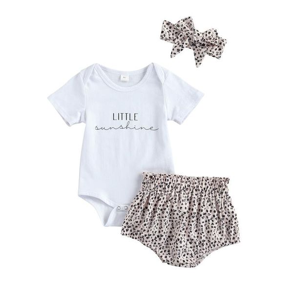 

3pcs baby summer outfits letter print short sleeves romper + leopard shorts headband for toddler girls 0-18 months clothing sets, White