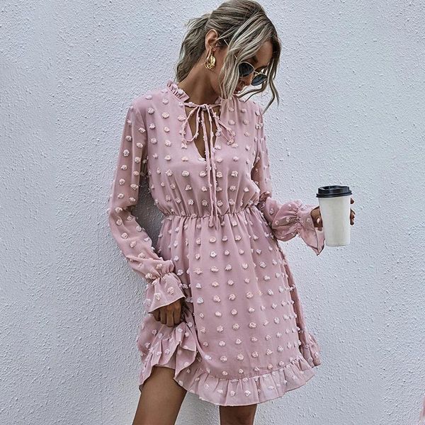 

casual dresses solid polka dot white dress long sleeve mini women elegant spring autumn chic boho beach style lace up, Black;gray
