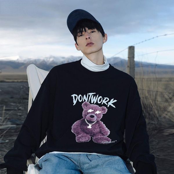 

men's hoodies & sweatshirts chic 2021 autumn winter reflective little bear print men and women streets fashion couple outfit, Black