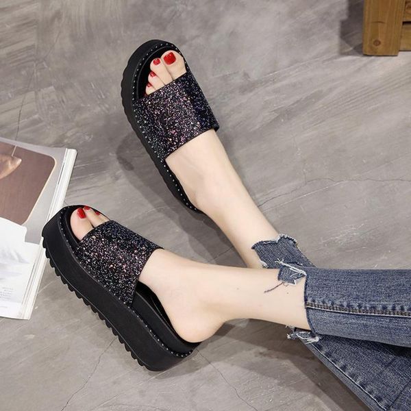 

slippers bling platform wedged students women summer outside sequins creepers muffins slides casual lazy beach flip flops, Black