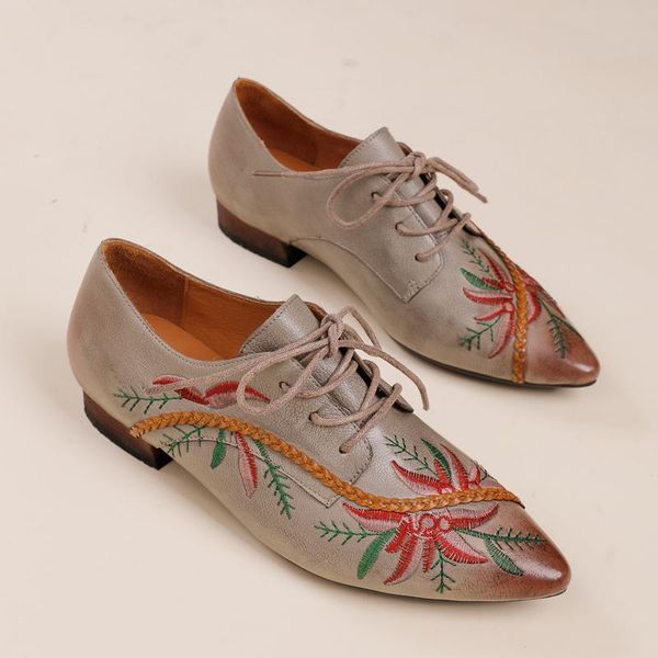 

dress shoes birkuir retro genuine leather embroidery women low heel pointed toe handmade lace up comfort leisure ladies, Black