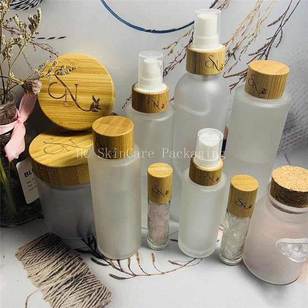 

storage bottles & jars custom logo toner water bottle and face cream empty frosted glass jar screw bamboo cap packaging skin care container