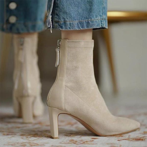 

boots fashion for women 2021 korean style autumn winter high heels pumps pointed toe zipper thin heel ankle sock, Black