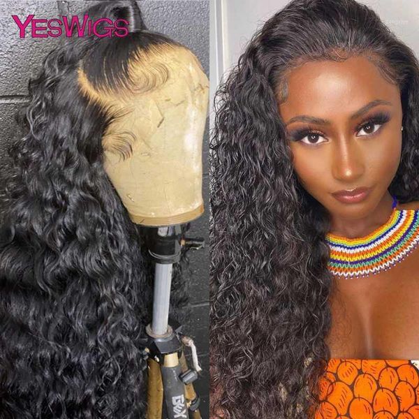 

yeswigs peruvian water wave remy lace front human hair wigs pre plucked natural hairline curly closure wig for black woman1, Black;brown