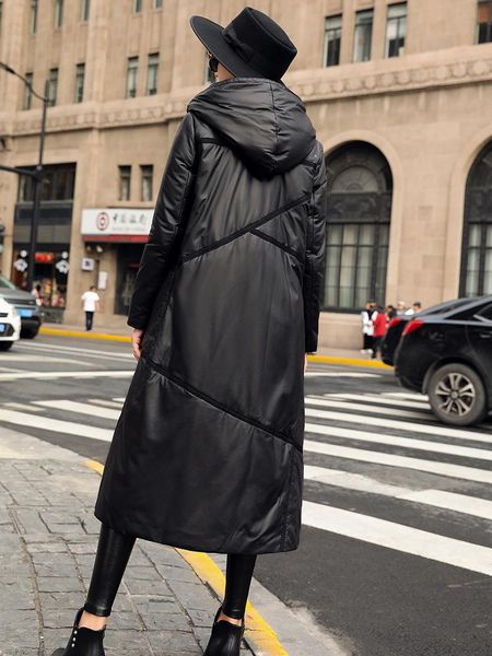 

women's leather & faux winter sheepskin coat fashion white duck down jackets woman hooded parkas female coats cuero genuino tn292, Black