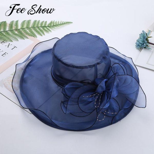 

womens elegant ruffles floppy wide brim hats flower cap party wedding hat big summer sun, Blue;gray