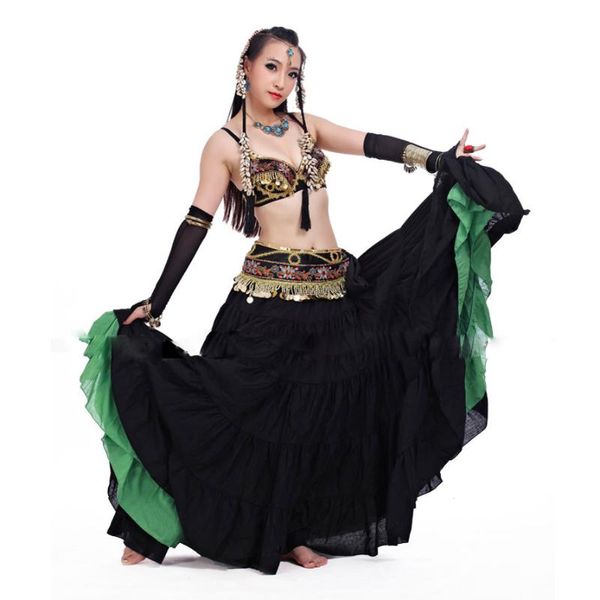 

tribal belly dance clothes for women 4 pieces outfit set antique bronze beads bra belt skirts gypsy costumes stage wear, Black;red