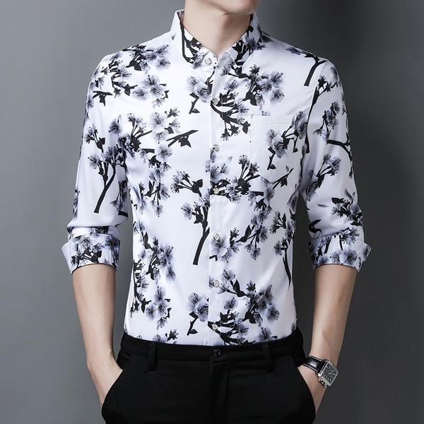 

men's casual shirts floral print vintage shirt autumn long sleeve slim social party tuxedo wedding male clothing, White;black