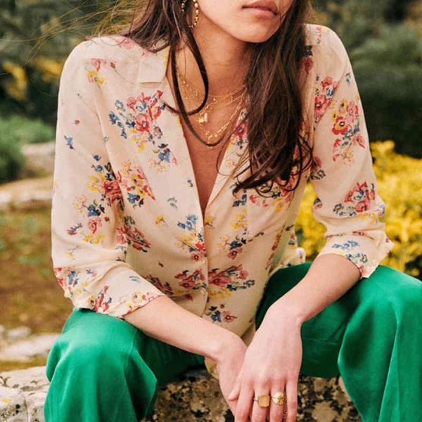 

blouses floral printted silk shirt summer pink casual notcked long sleeve chest pocket blouse elegant shirts women autumn iaip, White