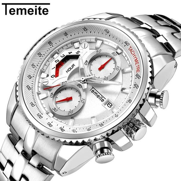 

men watch brand quartz chronograph multifunctional military sport calendar waterproof steel strap three time zones gifts wristwatches, Slivery;brown