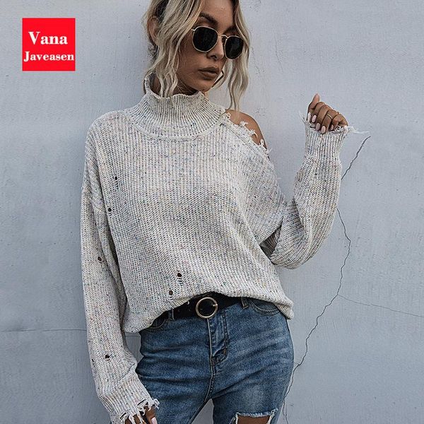 

women's sweaters turtleneck sweater women knitwear tassel off shoulder fashion knitted pullover holes multicolors polka dots autumn, White;black