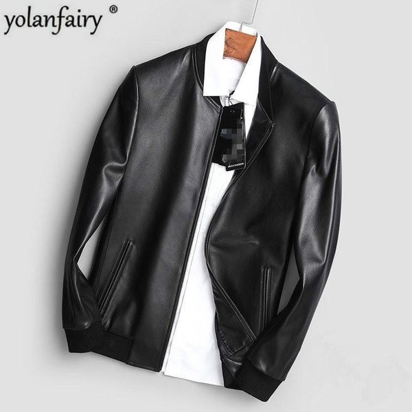 

men's leather & faux yolanfairy 2021 genuine jacket men real sheepskin bomber spring autumn plus size coat mc17c094 mf596, Black