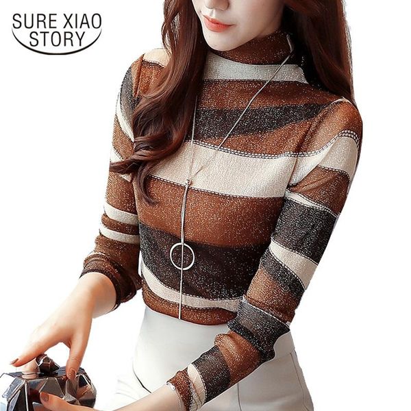 

fashion women shirt slim bottoming blouse wome long sleeve striped lace high collar women's clothing 821e 50 blouses & shirts, White