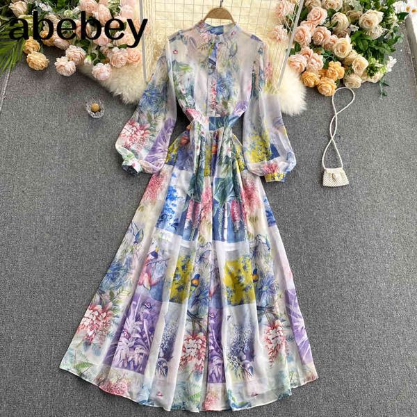 

design fashion print maxi dress women korean o neck puff sleeve a-line es spring bohemian vacation long 210512, Black;gray