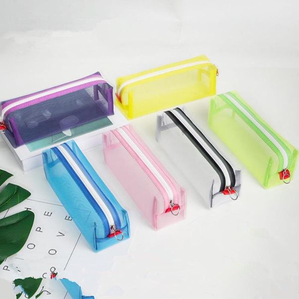 Bolsas de armazenamento 100pcs simples transparente malha lápis casos de estudantes de estudante de nylon material escolar caixa de caneta caixa de caneta