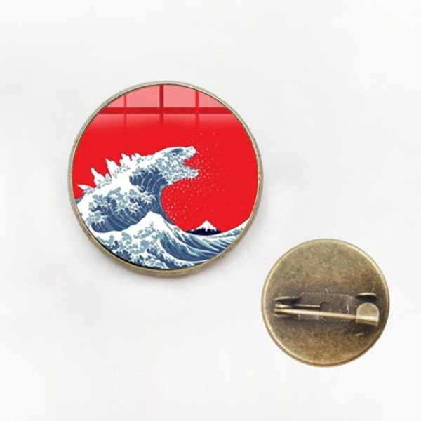 Pins, Broches Japonesa Kanagawa Surfing Painting 8 Estilo De Vidro Cabochão Broochon Pin Badge Homens Mulheres Saco De Vestuário Pins Decoração