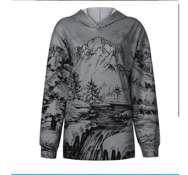 

2021 women's chine mountain ink painting hooded long sleeve pullover sweater, Black