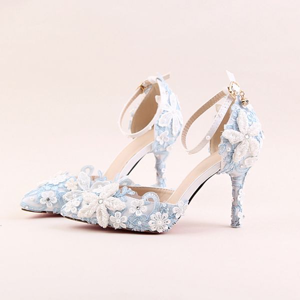 

sandals blue lace flower bridal white pearl rhinestone wedding shoes pointed stiletto super high heel female sandals, Black