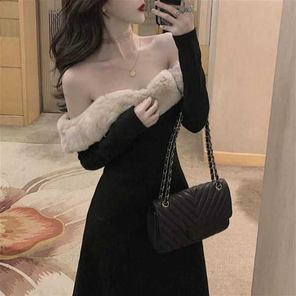 

casual dresses elegant vintage dress women long sleeve fur collar evening party black female one-piece korean 2021 autumn chic, Black;gray