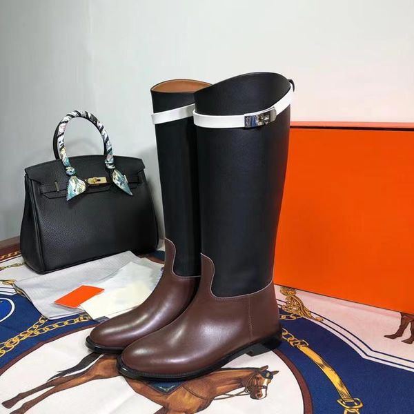

mixed colors women boots knee high boot lock buckle decor genuine leather combat boots luxury brand designer woman shoes chic, Black