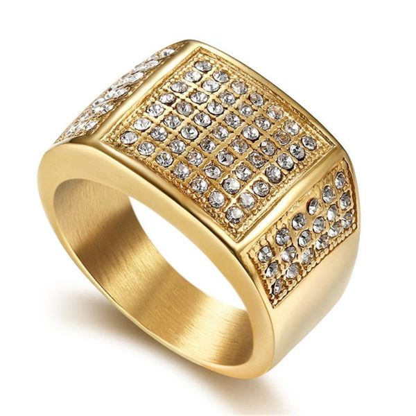 

wedding rings hip hop geometry rhinestone iced out ring gold color stainless steel square for men party fashion jewelry drop, Slivery;golden