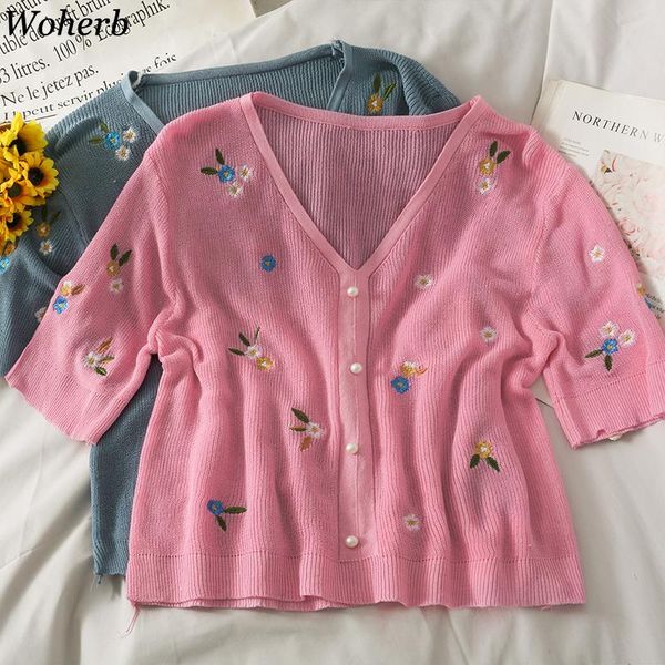 

women's knits & tees woherb 2021 cardigan women sweet embroidery pearl single breasted kni coat summer thin sweater mujer vintage suet, White