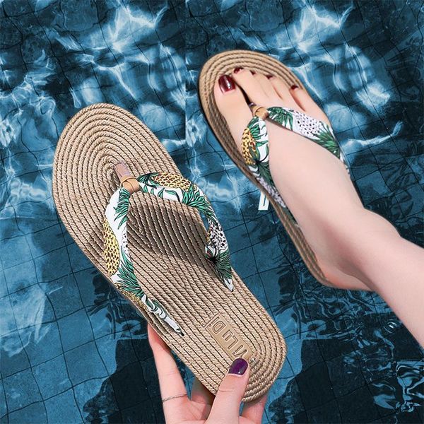 

slippers women shoes summer floral flip flops beach sandals thongs imitation rope travel flip-flops flat-bottom 41, Black