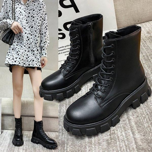 

boots blwbylbotas women motorcycle ankle wedges female lace up platforms spring leather oxford shoes woman 2021 botas mujer, Black