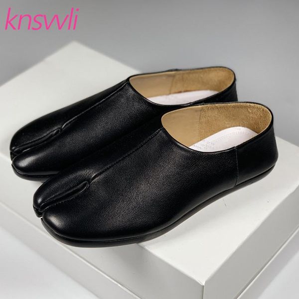 

design split toe men shoes genuine leather loafers male comfortable mules runway casual flat for dress, Black