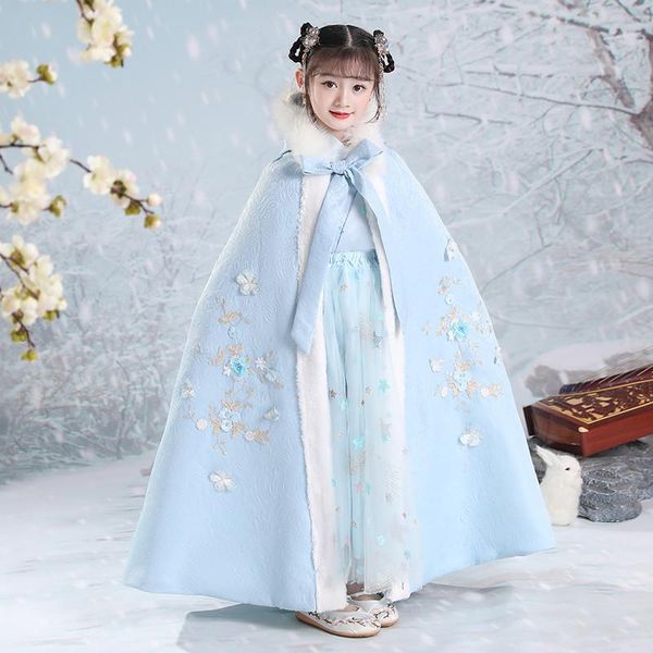 

embroidery quilted hooded cape girl's hanfu winter thicken cloak chinese children ancient mantle kids year's wear warm robe ethnic, Red