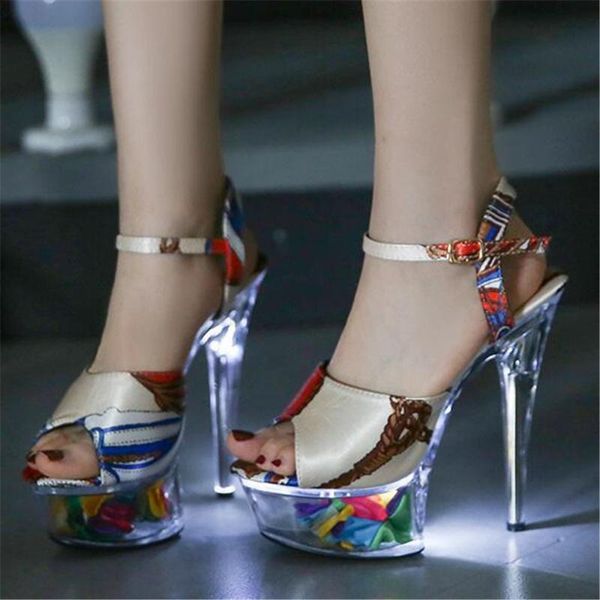 

sandals 2022 led glowing platform women ankle strap ladies high heel female 13cm stilettos open toe wedding shoes 34-43, Black