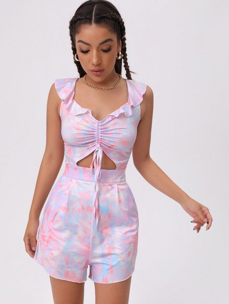 

ruched knot cut-out tie dye romper o725#, White