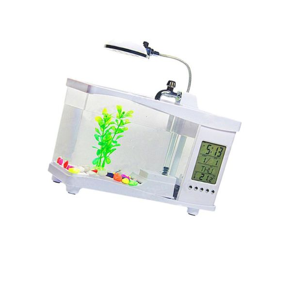

aquariums usb mini fish tank multi-function aquarium lamp clock home office decor (white)