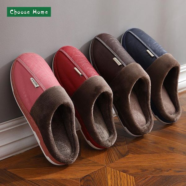 

leather slipper women house warm winter shoes men slippers, Black