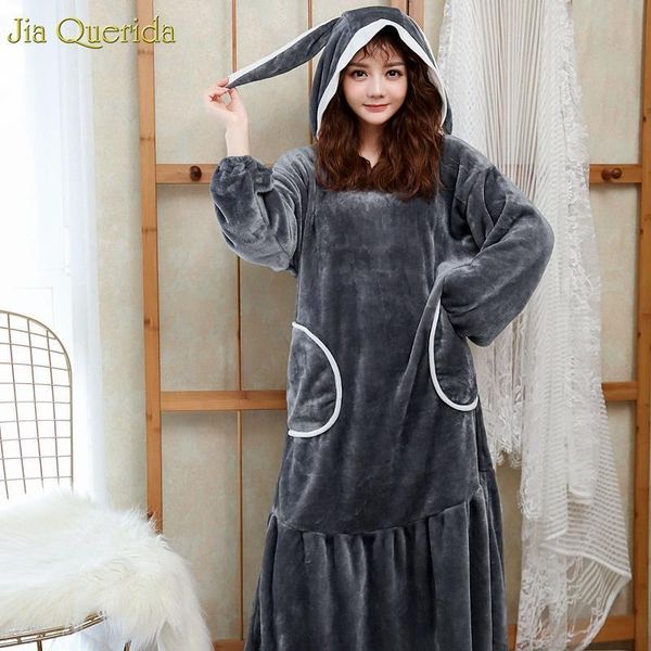 

sleep dress girls night gown women sleepwear flannel winter homewear long nightgown grey kawaii rabbit hooded sleeping lace student, Black;red
