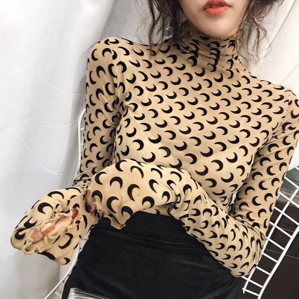 

moon print long sleeve bottom womens skinny flock mesh spring autumn, White