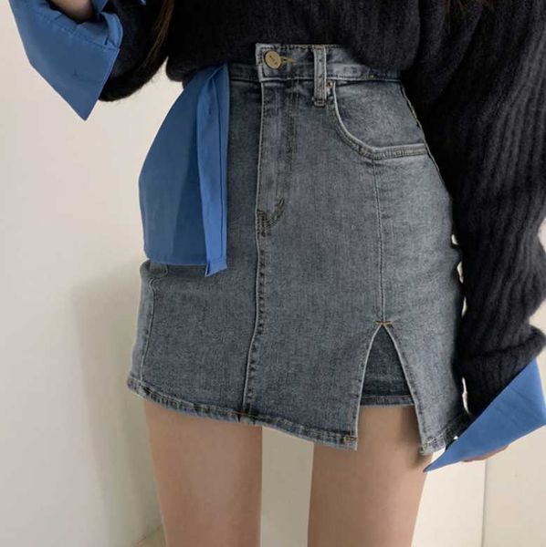 

skirts summer women's denim high waist split a-line skirt, Black