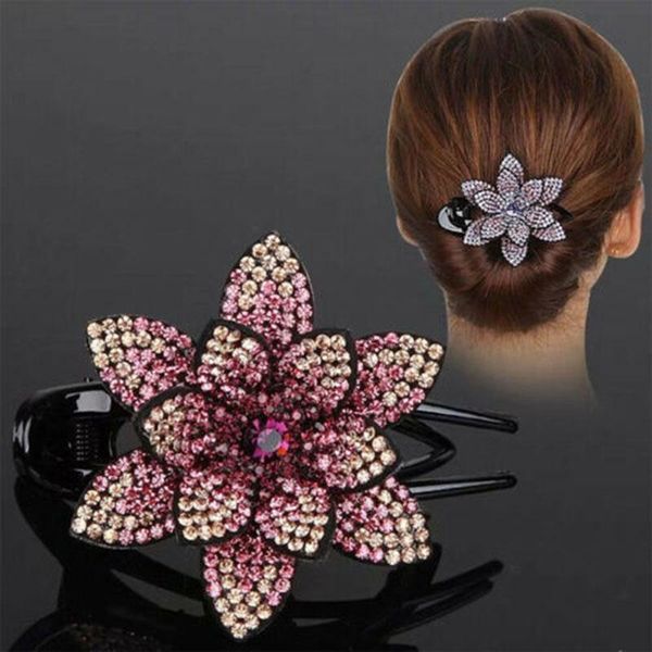 

hair clips & barrettes women's flower clip large glittery rhinestone duckbill lotus shaped dovetail pin bh, Golden;silver