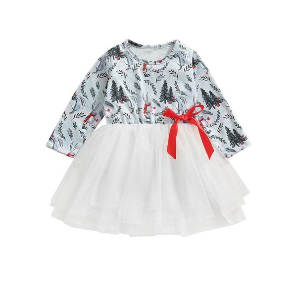 

girl's dresses infant christmas tulle dress girls cartoon print long sleeve round neck with bow, Red;yellow