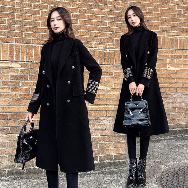 

women's wool & blends woman long coats trench female double breasted vintage elegant overcoat ladies jackets winter outerwear a152, Black