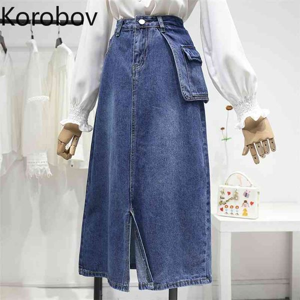 

korobov new preppy style a-line women skirts summer streetwear pockets denim skirt korean harajuku faldas mujer 210430, Black