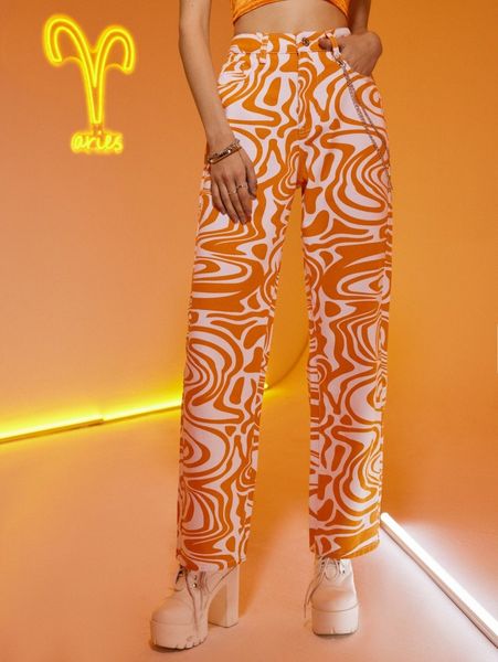 

romwe aries all over print straight leg jeans without chain x9vd#, Blue